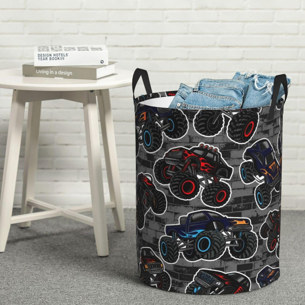 Monster Truck Boys Style Round Laundry Hamper Storage Basket Toys Clothes Organizer Bin Bathroom Bedroom Dorm