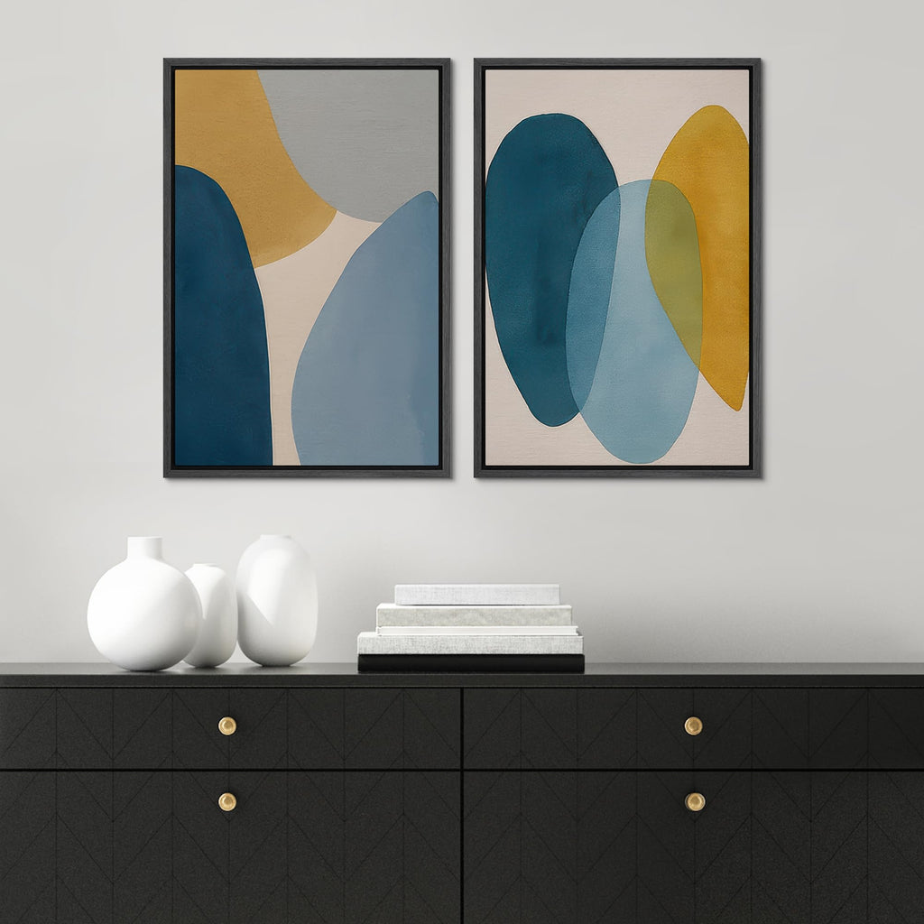 Framed Canvas Print Wall Art Set Soft Geometric Shapes in Blue and Mustard Abstract Illustrations Modern Art