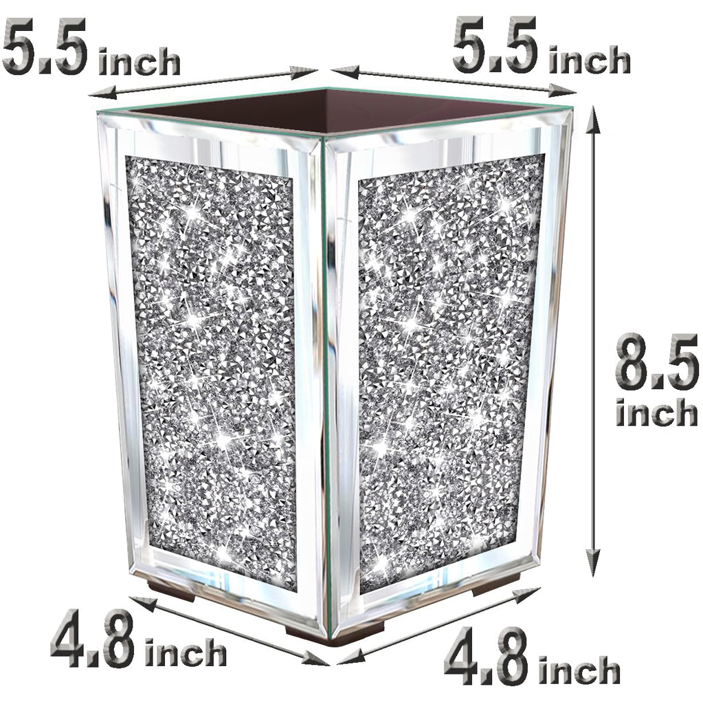 Crushed Diamond Mirrored Planter, Crystal Silver Glass Decorative Mirror Luxury Flower Pot, with Drainage Hole and