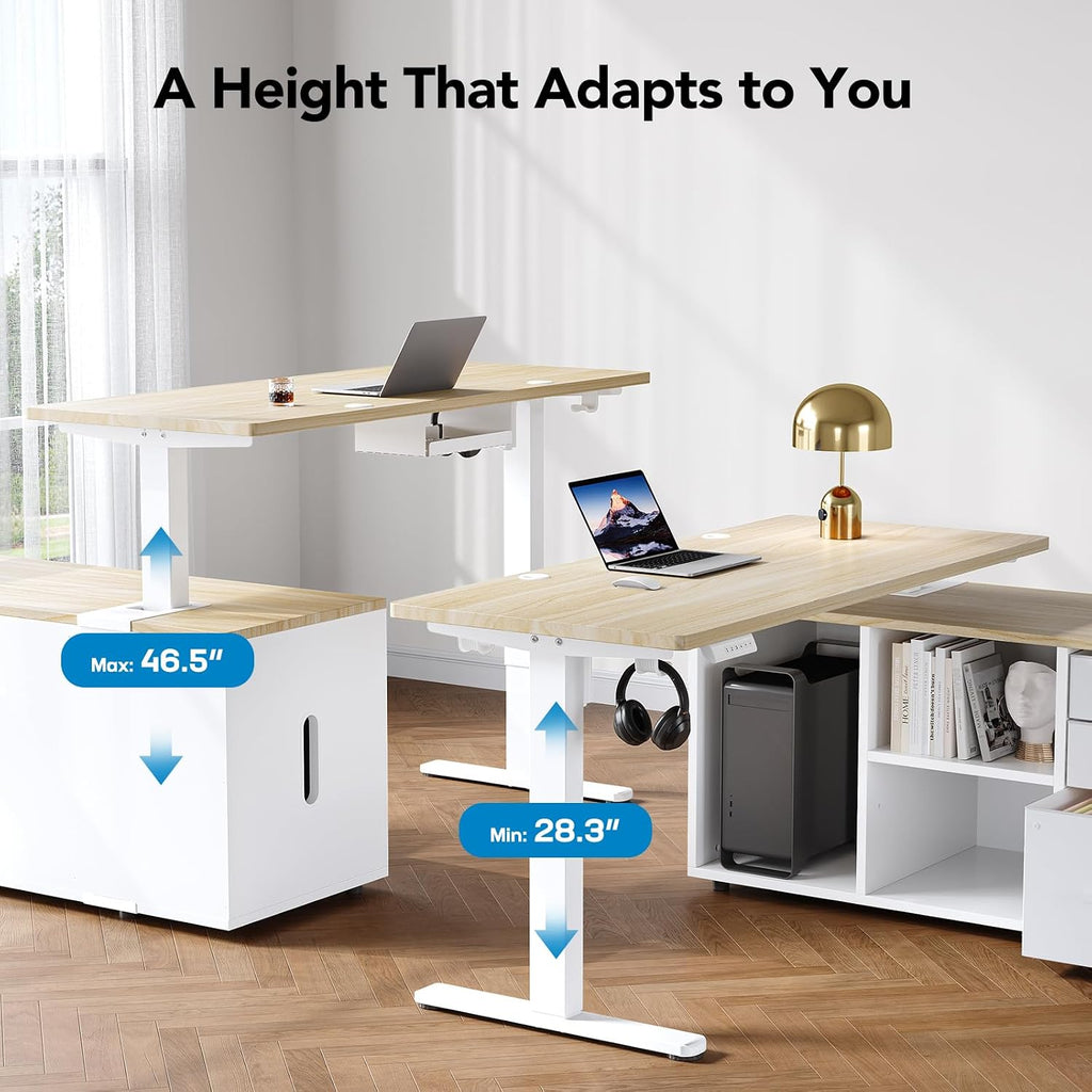 55′′ L Shaped Standing Desk with Drawers, Adjustable, Light Walnut | Electric Executive Desk with File Cabinet Sets