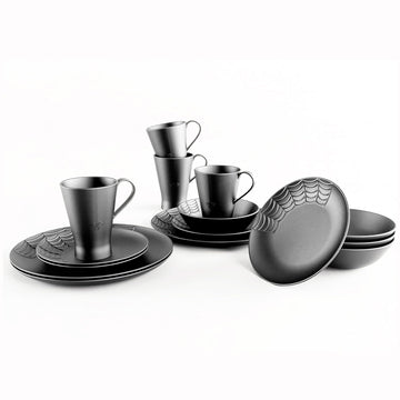 Spiderweb Dinnerware Set, 16 Piece Spooky Dishes, Gothic Matte Black