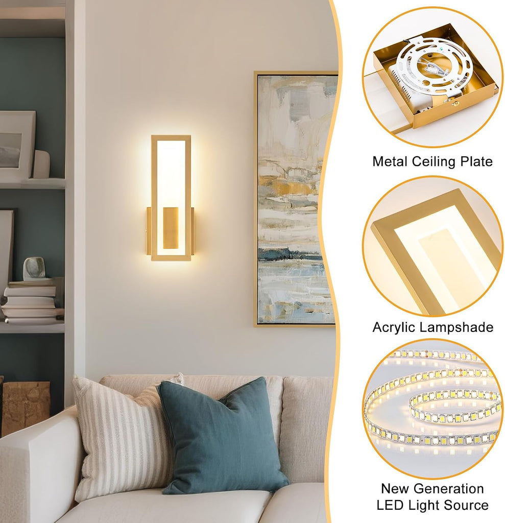 Modern LED Wall Sconces Set of 2, 3000K Warm White Led Wall Lighting Fixtures, Gold Minimalist Indoor Wall Lamp for