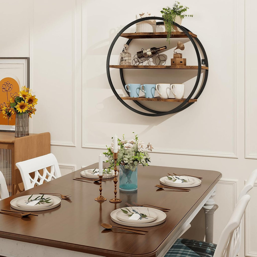 Circle Shelf Wall Decor, 3 Tier Decorative Round Wall Shelf | Geometric Circle Metal and Wood, Circular Wall Shelf