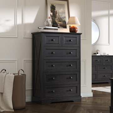 Farmhouse 6 Drawers Dresser Chests, Black 6 Chest of Drawers