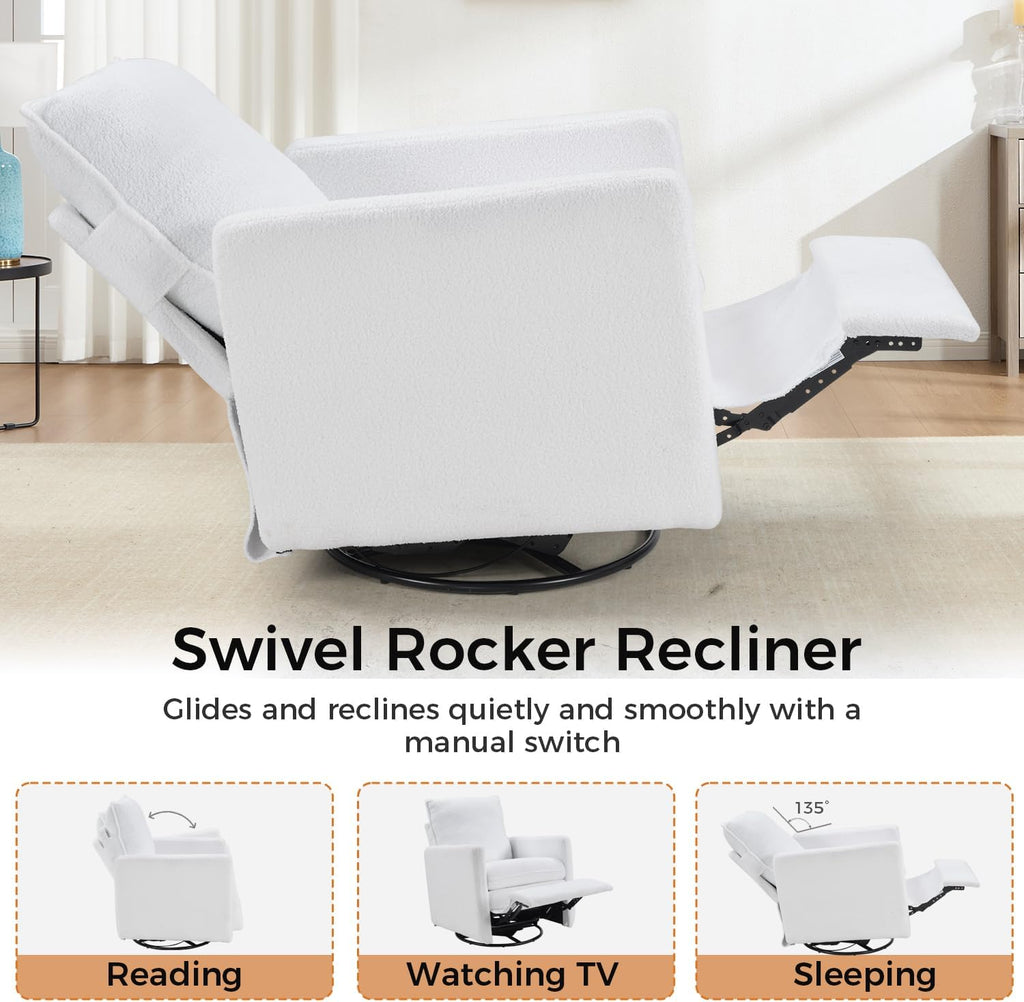 Swivel Rocker Recliner Chair, Teddy Upholstered Nursery Glider Chair, Manual Reclining Chair with Two Removable