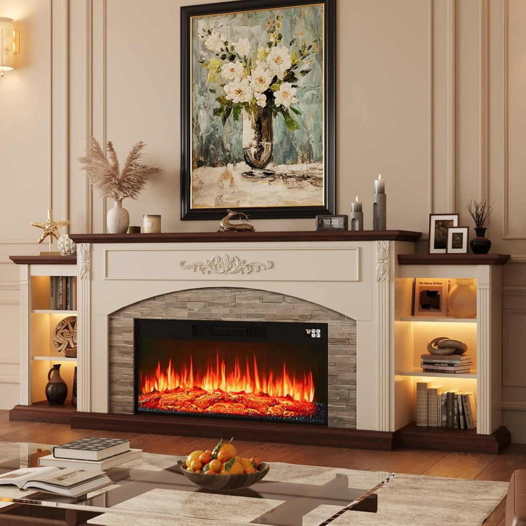 91" Electric Fireplace TV Stand with Mantel, Antique White Entertainment Center with Carving Holds TV up to 100 Inch