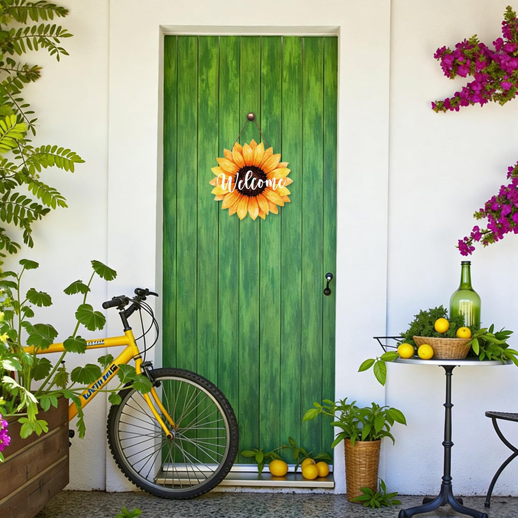 Sunflower Welcome Door Sign for Front Door Spring Summer Sunflower Hanging Wreath 10.9"x10.9" Vintage Gallery Wood