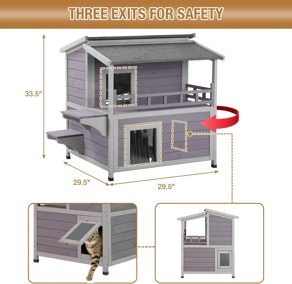 Outdoor Cat House Weatherproof 2 Story Wooden Feral Cat Shelter Easy Clean