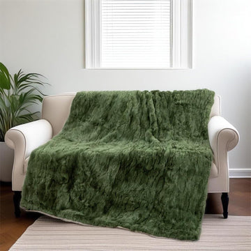 Rex Rabbit Fur Throw Blanket for Couch Bed, Olive Green, 55x78.7in | Luxury Rex Rabbit Skin Hide Large Blanket for