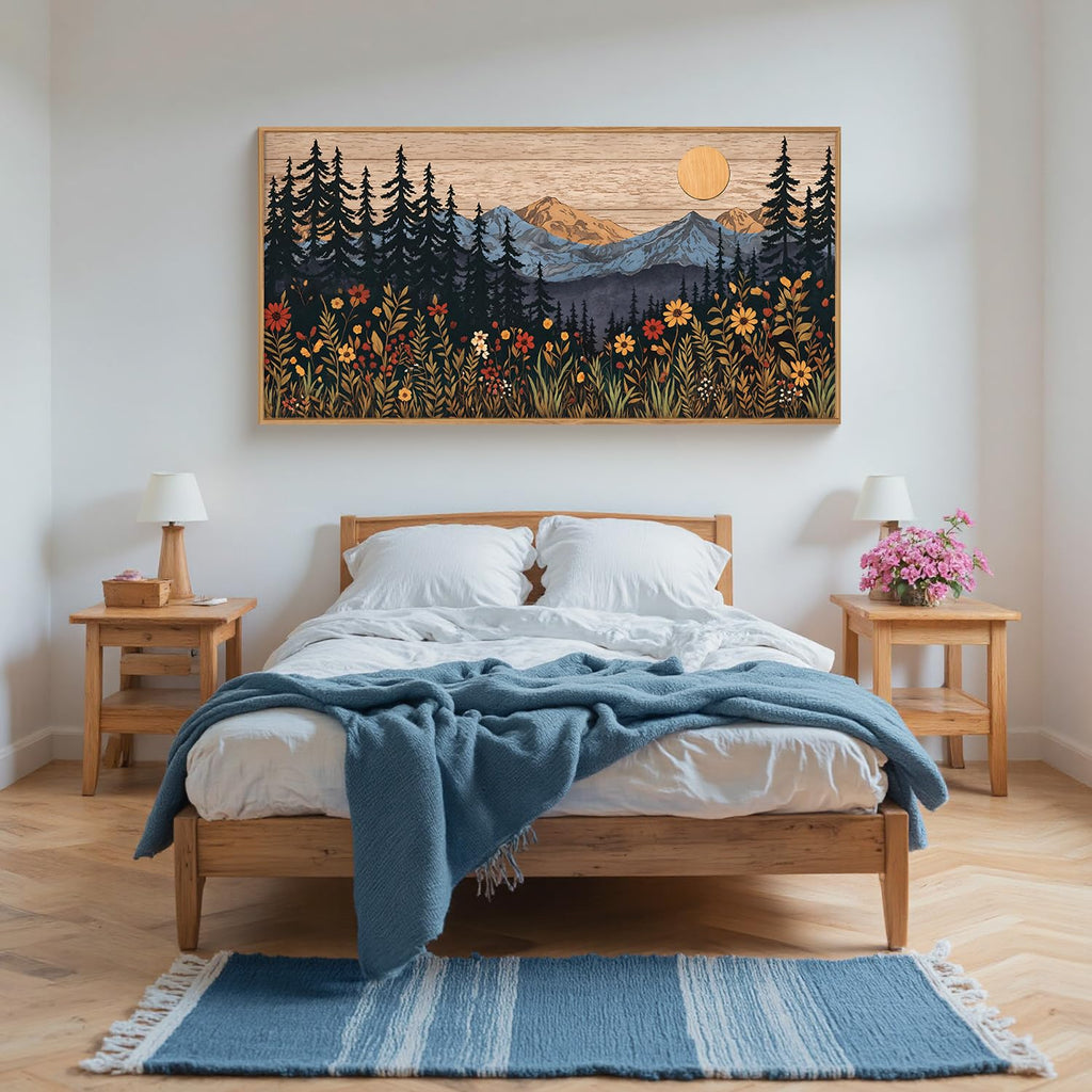 Mid Century Woodland Mountain Framed Canvas Wall Art Set, Vintage Natural Sunset Wildflower Forest Field
