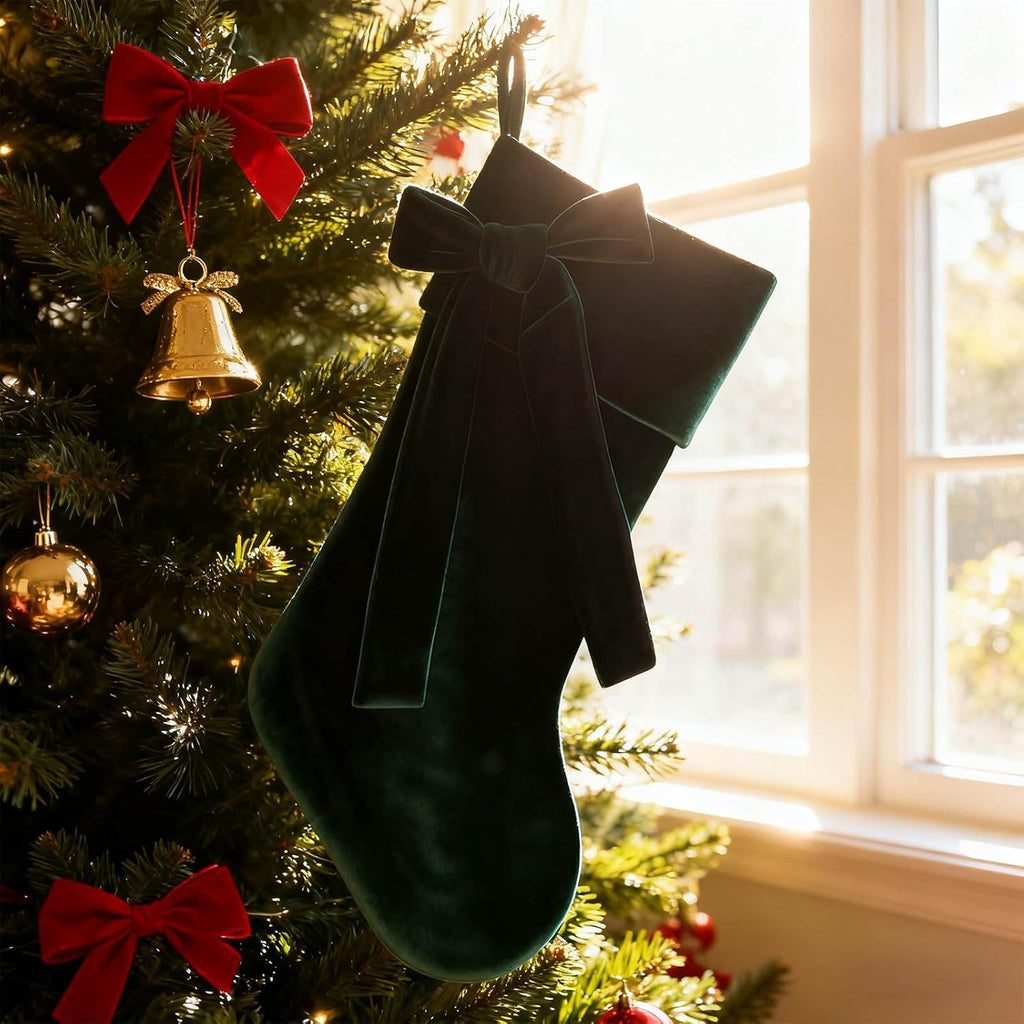 20 Inch Velvet Christmas Stocking, Christmas Decor Soft Velvet Stockings with Large Decorative Bow Luxury Velvet