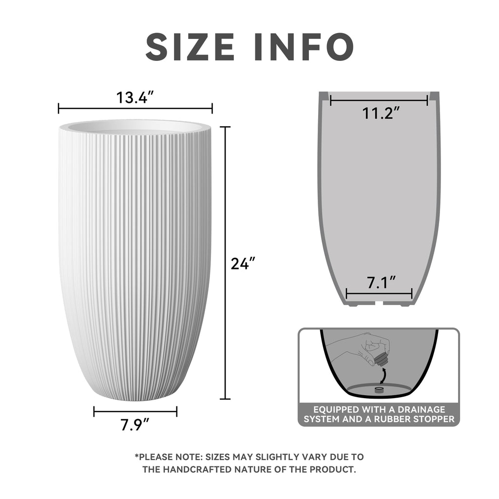 Large Round Tapered White Concrete Planter 24" Tall, Outdoor