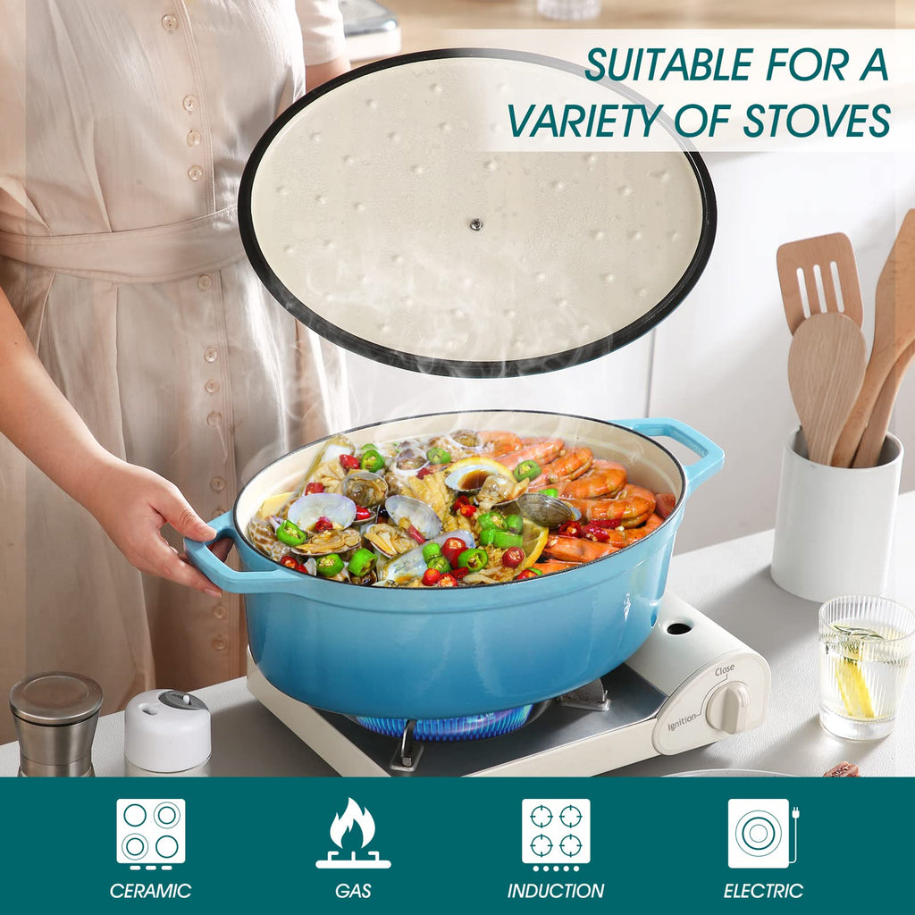 9.3 Qt Oval Enameled Cast Iron Dutch Oven with Lid, Light Blue