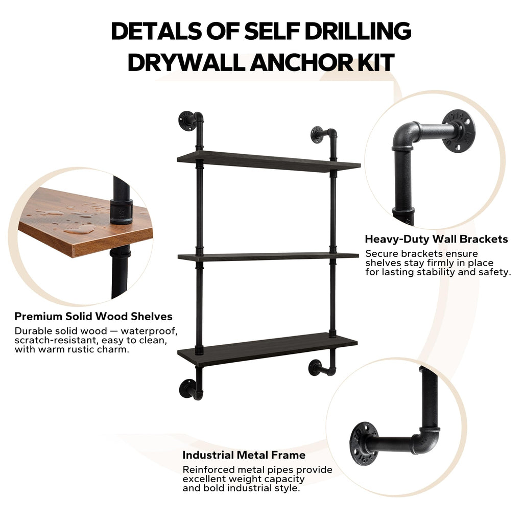 3-Tier Industrial Pipe Floating Shelf - Rustic 24 inch Wood Wall-Mounted Storage Shelf Office, Bathroom & Home Decor