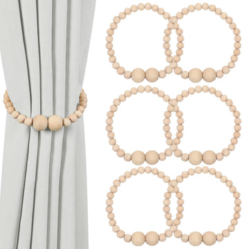 Magnetic Curtain Tiebacks, 6 Pack Wood Bead Curtain Holdbacks