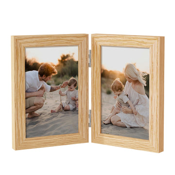 4x6 Double Picture Frame - Solid Oak Wood Vertical Hinged 4x6 Photo Frame 2 Opening Folding Family Frames Collage