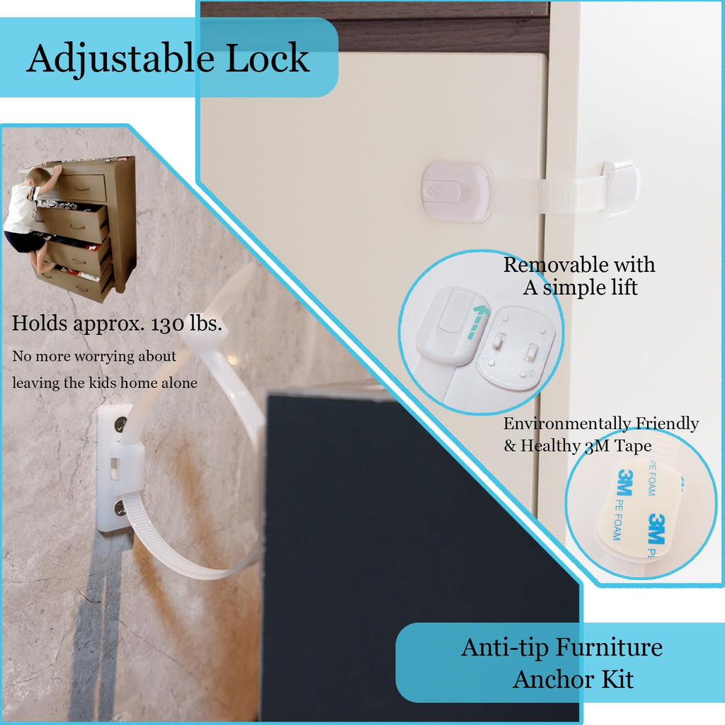 66 Pack Baby Proofing Kit | 12 Hidden Cabinet Drawer Locks, 8 Adjustable Latches, 26 Outlet Covers, 16 Corner Guards