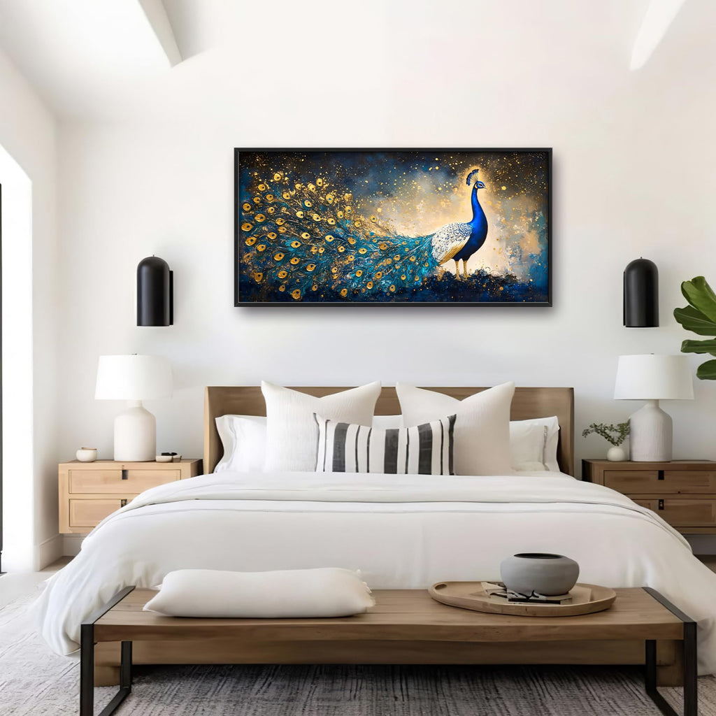 Peacock Large Wall Art Framed Gold Wall Decor Mountain Peacock Pictures Oversized Canvas Print Painting Modern Extra