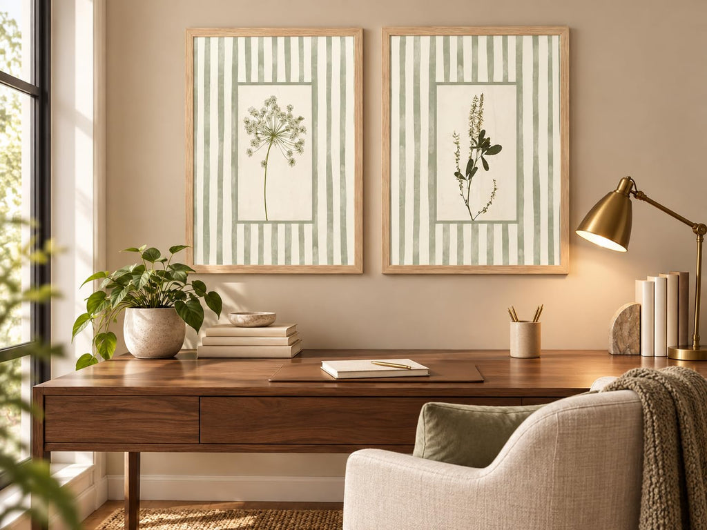 Sage Green Botanical Wall Art Set of 2 Framed, Vintage Herb Floral Canvas Prints, Cottagecore French Country Decor