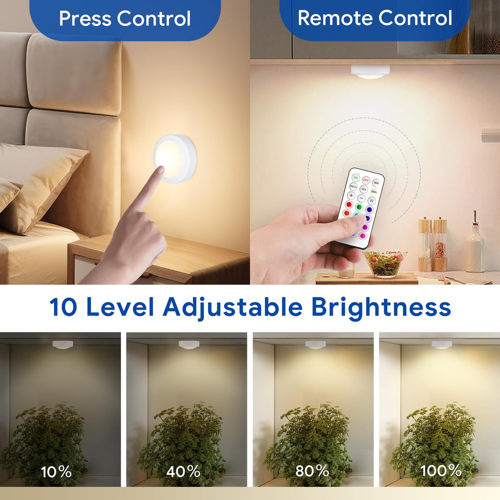 LED Puck Lights with Remote Control, AA Battery Operated, 12 Color Closet Under Cabinet Lighting, Push Tap Light