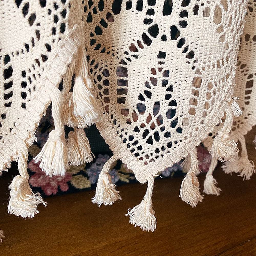 Boho Valance Farmhouse Crochet Curtain Tier Beige Cotton Lace 35x15 Inch