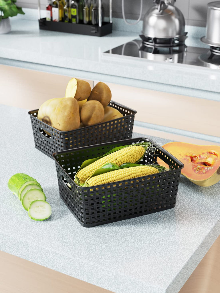 Woven Storage Organizer Basket, 6-Pack Black Plastic Weave Baskets, 10.1 x 7.55 x 4.1
