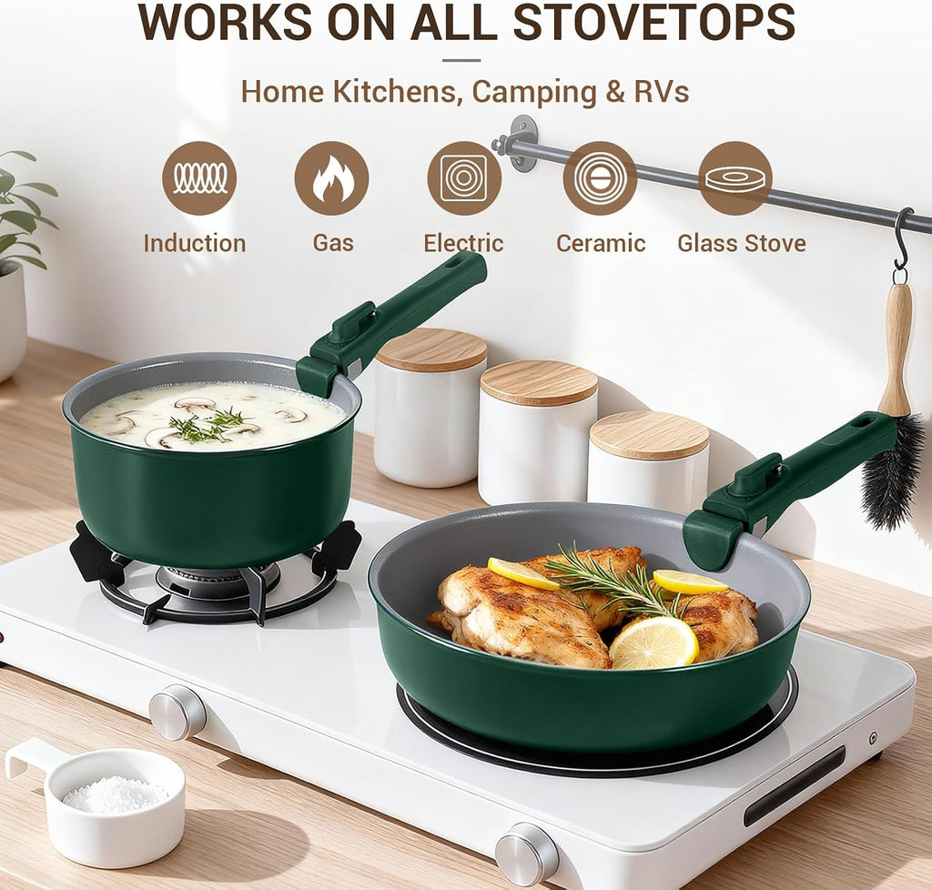 18-Piece Ceramic Pots and Pans Set Non Stick, Non Toxic Cookware Set with Removable Handles, Pot Sets for Cooking
