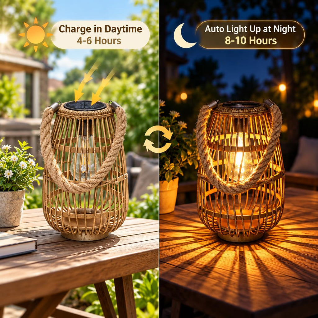 Rattan Solar Lantern, Large Outdoor Waterproof Hanging/Tabletop