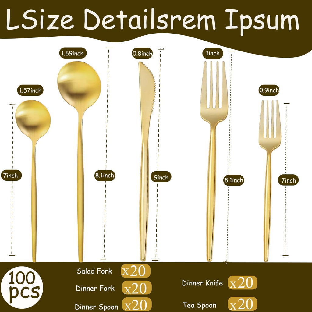 Gold Silverware Set 100-Piece - Premium Stainless Steel Flatware Set for 20, Luxury Gold Cutlery Set with Spoons