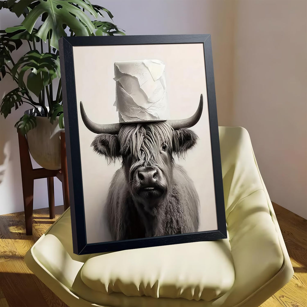 Black and White Bathroom Wall Art, Funny Highland Cow Canvas Poster Print Picture, Modern Farmhouse Wall Decor