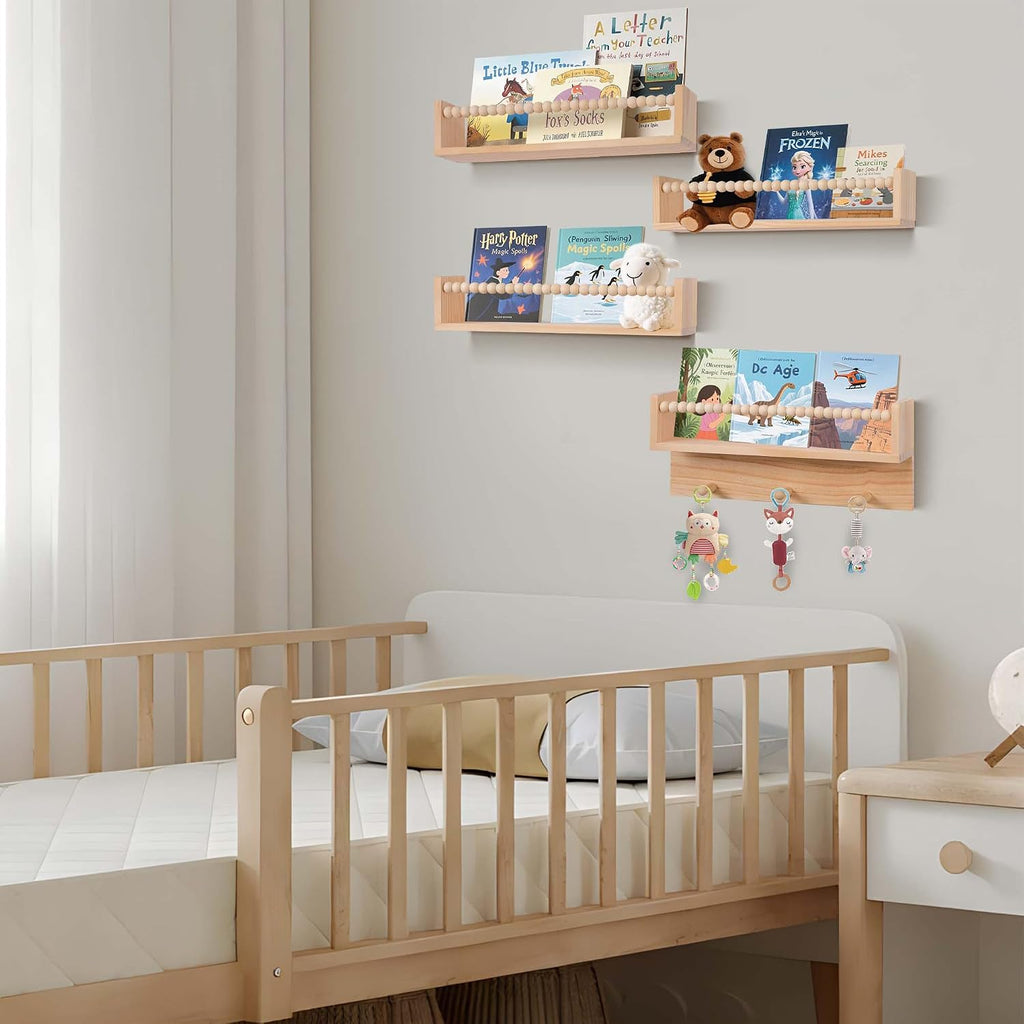 Wall Bookshelves,Set of 4 Natural Wood Floating Bookshelf,Nursery Shelves,Floating Book Shelves for Wall(Burlywood)