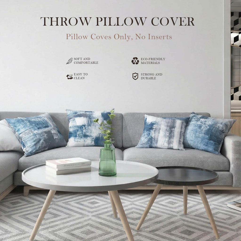 Set of 4 Blue and Grey Abstract Art Artwork Pillow Cover 16 x 16 Inch, Gallery Modern Decorative Throw Pillows