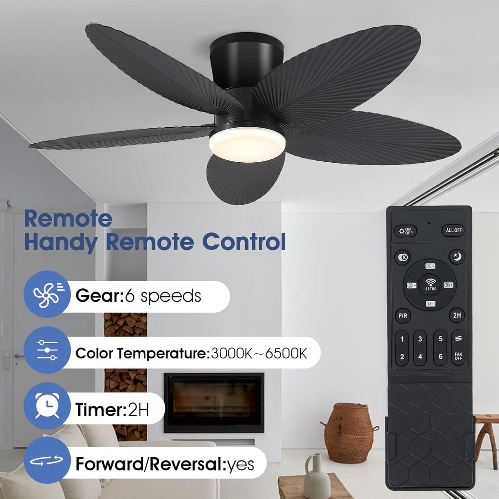 Palm Leaf Ceiling Fans with Lights-42 Tropical Ceiling Fan with Light and Remote/APP Control,Flush Mount Low Profile Black Ceiling Fans for Bedroom,Indoor/Outdoor Patio Use A101-B0DLVQVJKJ