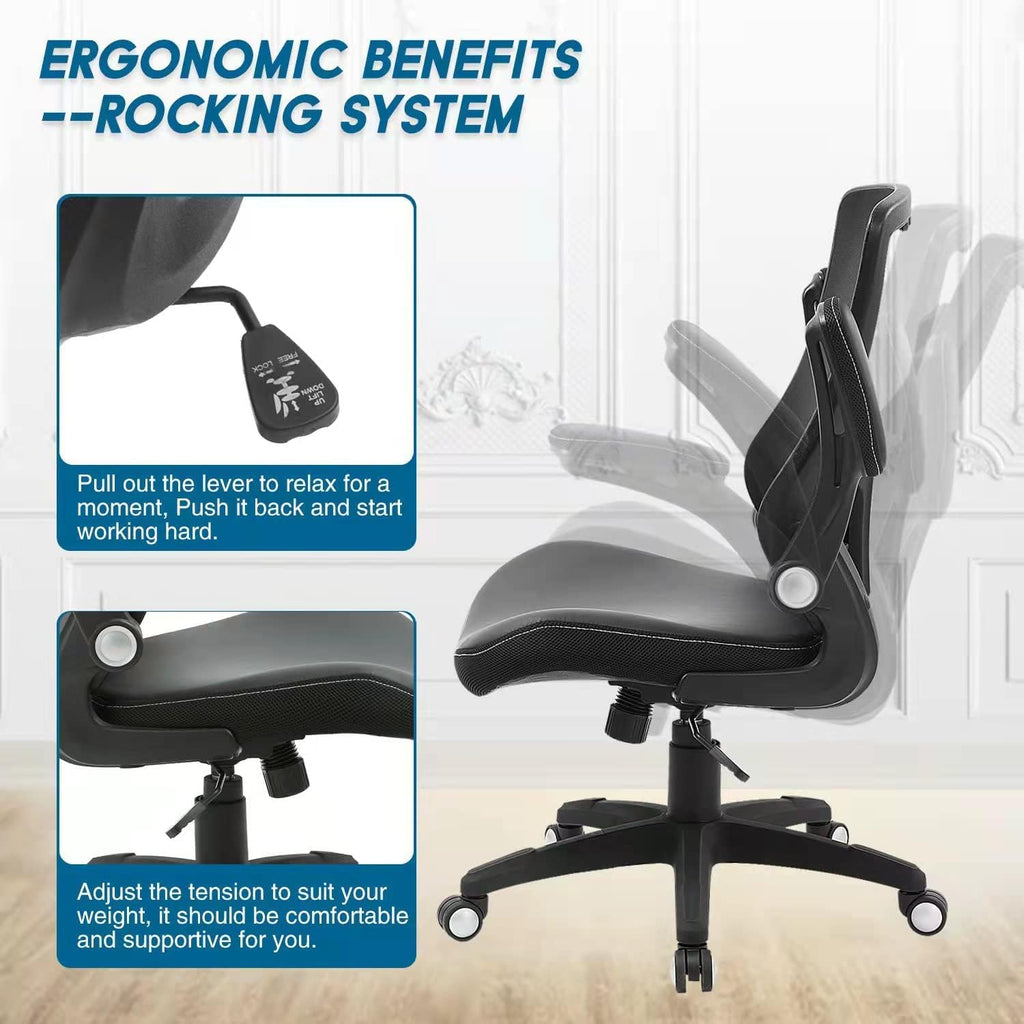 Ergonomic Desk Chair, Computer PU Leather Home, Swivel Mesh Back Adjustable Lumbar Support Flip-up Arms Executive
