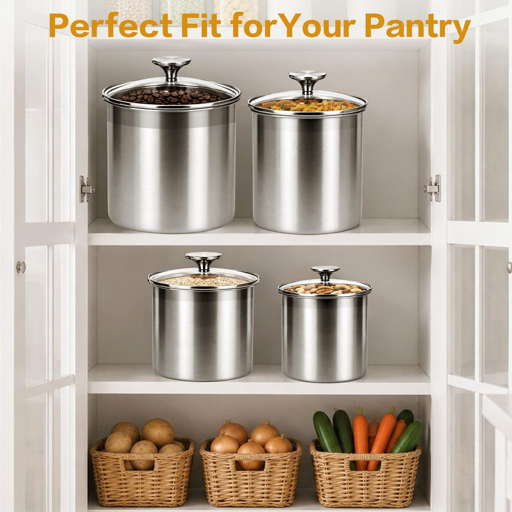 4-Pcs Stainless Steel Airtight Kitchen Canister Set with Glass Lid
