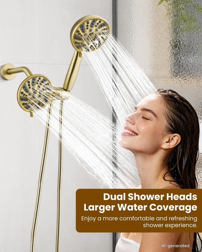 Dual Shower Head Kit with Valve 6 Mode Handheld Brushed Gold