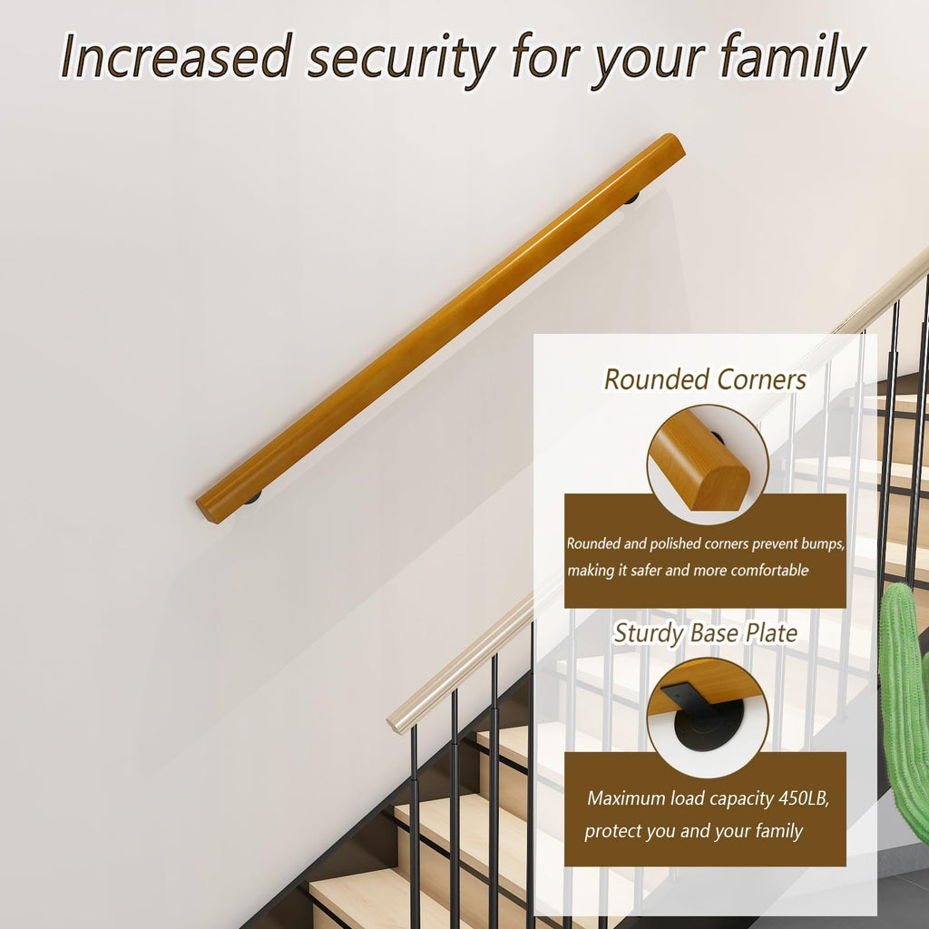 8FT Wooden Stair Railing Indoor, Wall Railings for Stairs, Hand Rails for Indoor Stairs, Non-Slip Stair Handrail
