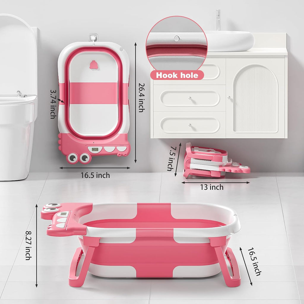 Collapsible Baby Bathtub for Newborn, Foldable Baby Bath Tub with Thermometer & Soft Floating Cushion & Drain Hole