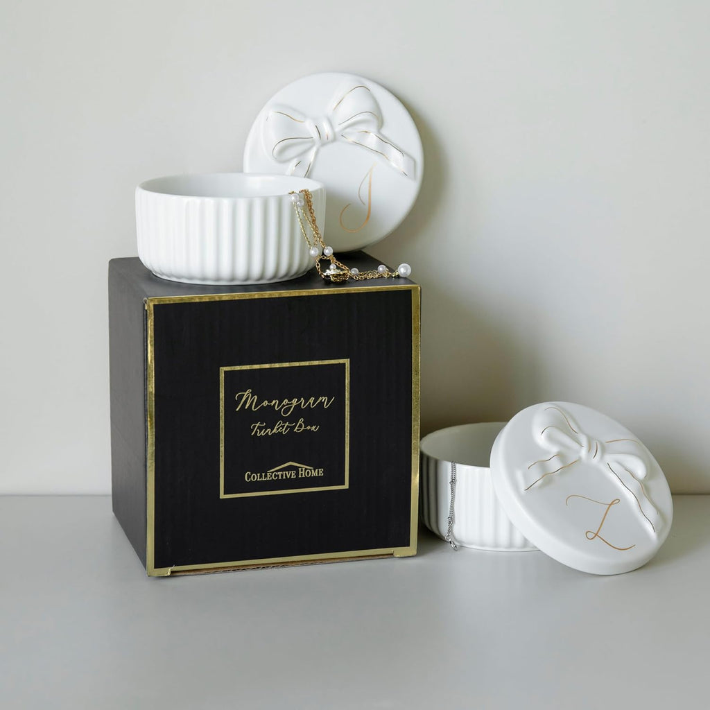 Ceramic Jewelry Box with Bow, Nightstand Vanity Decor(A)