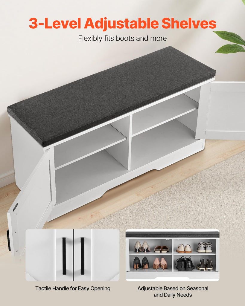 Shoe Storage Bench with Padded Cushion & 2 Barn Doors, Entryway Bench 39.4 x 14.0 x 18.1 Inches
