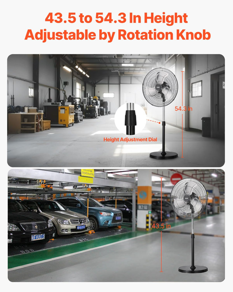 Industrial Pedestal Fan, 20 Inch 90-Degree Oscillating Fan, Height Adjustable Standing Fans with 3 Adjustable Speeds