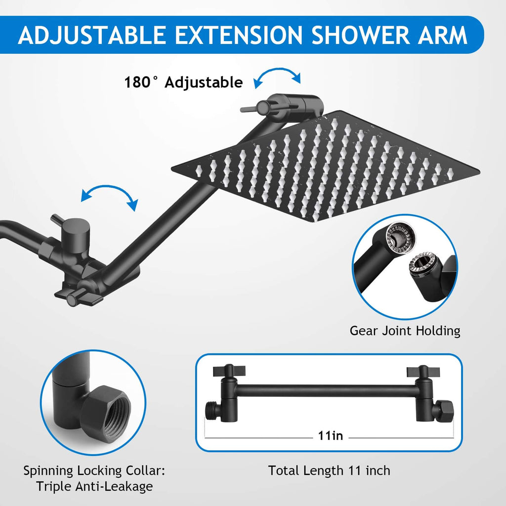 Shower Head Combo, 8 Inch High Pressure Rain with 11 Inch Adjustable Extension Arm and 5 Settings Handheld, Powerful