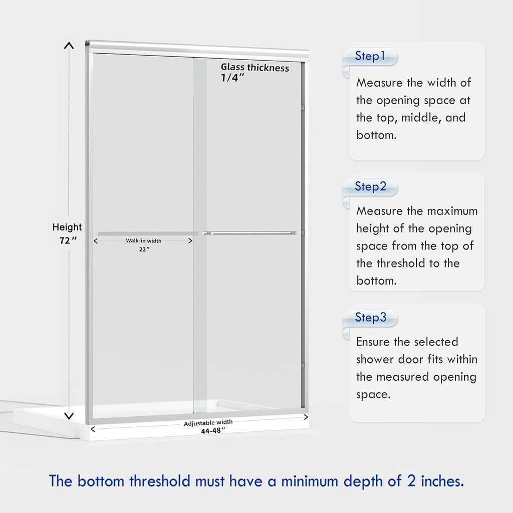 44-48" W x 72" H Semi-Frameless Bypass Sliding Shower Door, Easy-to-Clean Treated Clear Tempered Glass, Polished Chrome