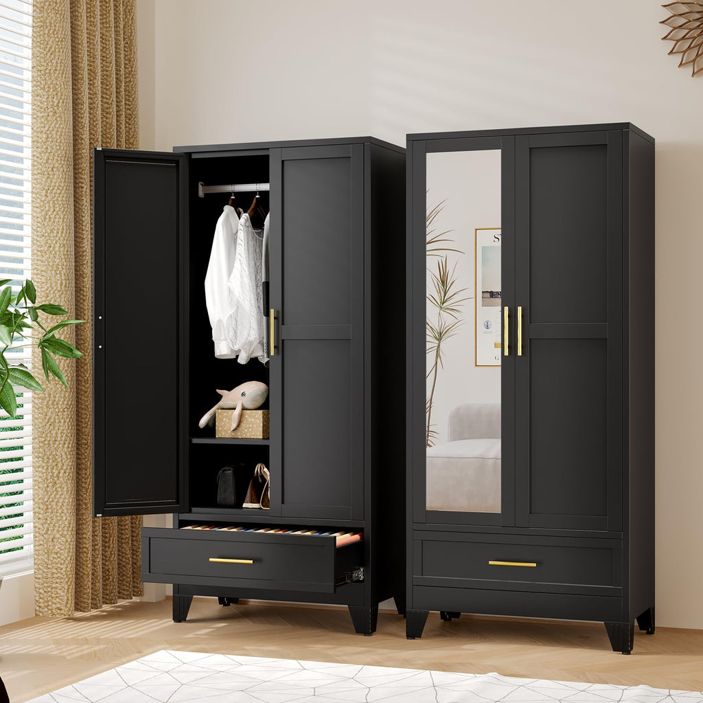Metal Armoire Wardrobe Closet Storage Cabinet with Mirror Black, 71'' Wardrobe Cabinet with Hanging Rod Metal Closet