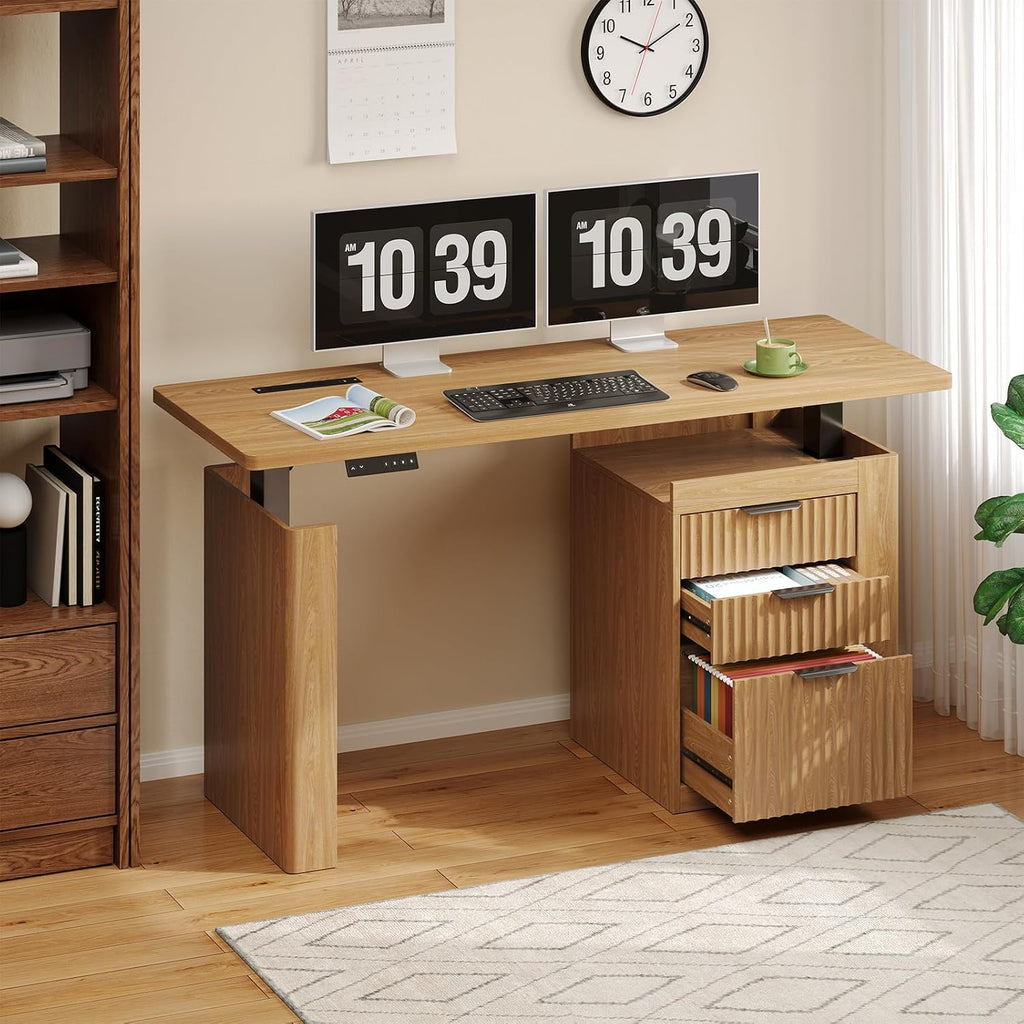 55" Electric Standing Desk with File Cabinet & Storage, Oak Brown | Height Adjustable Computer Desk with 3 Drawers