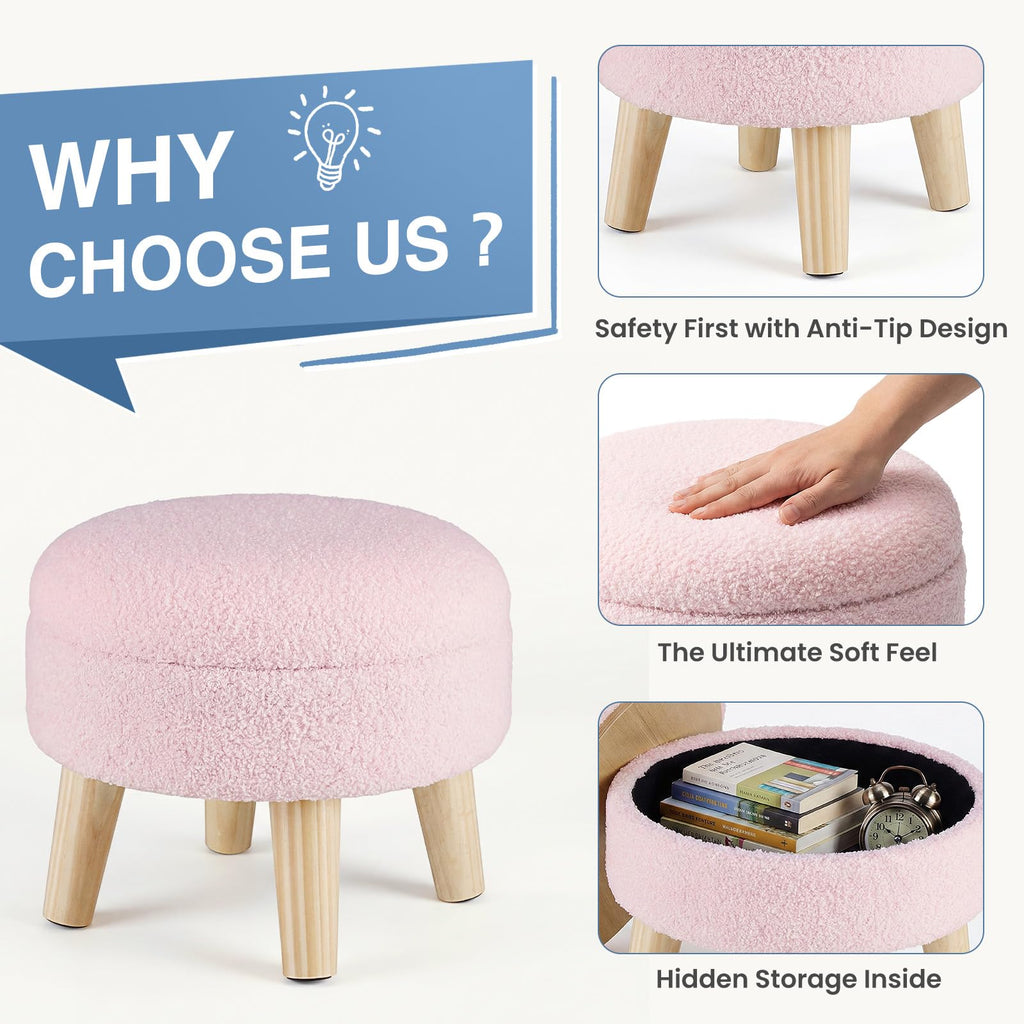 Round Storage Ottoman with Reversible Tray Lid, Multi-Functional Footrest, Teddy Velvet Footstool with Wood Legs