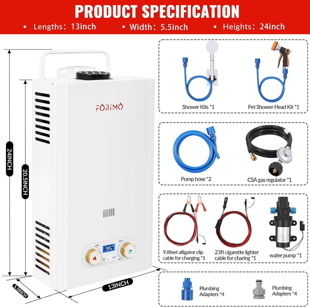 Tankless Water Heater Propane, 2.64GPM 10L Outdoor Portable water heater, with 2 GPM Water Pump