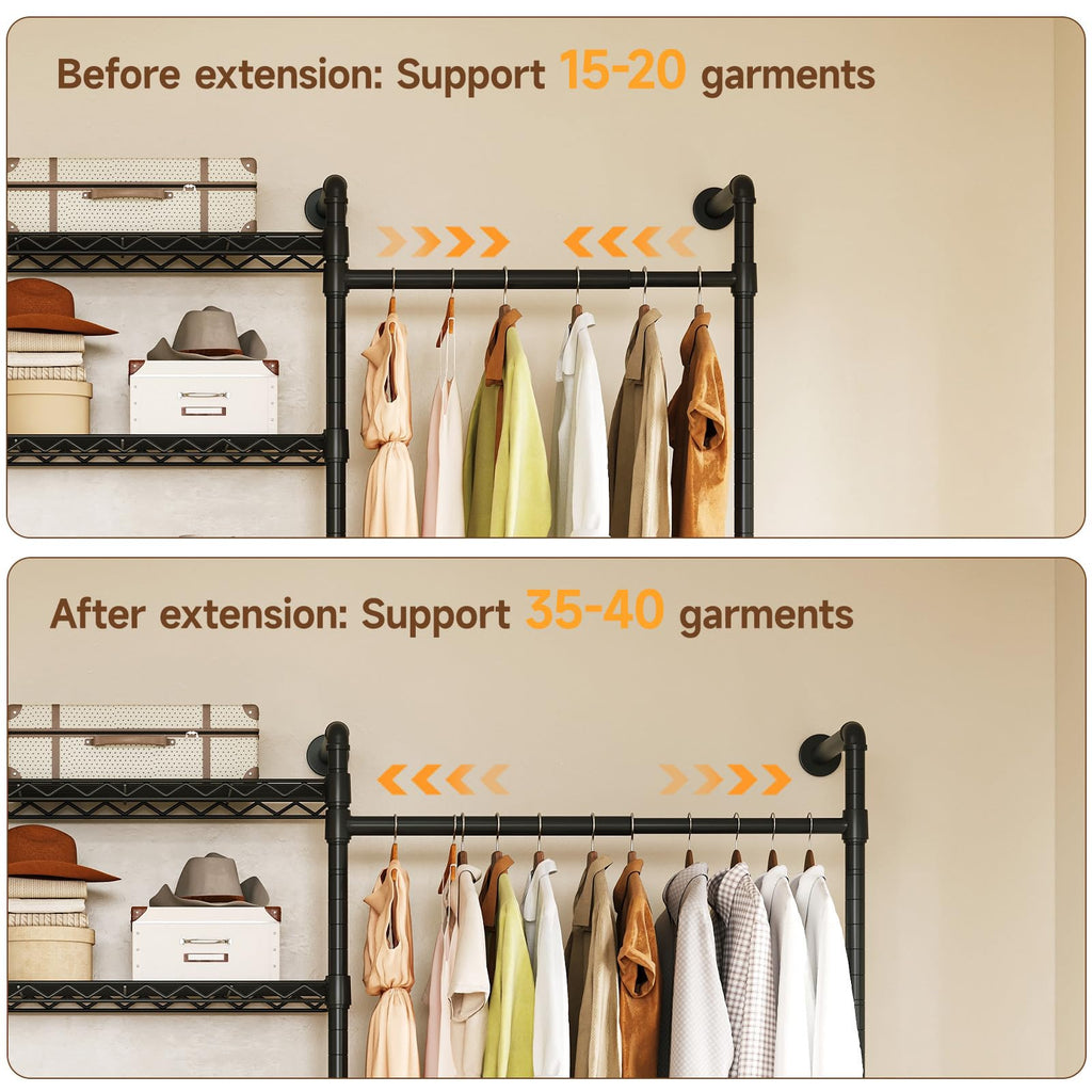 L2 Wall Mounted Closet System, Industrial Pipe Clothing Rack, Black