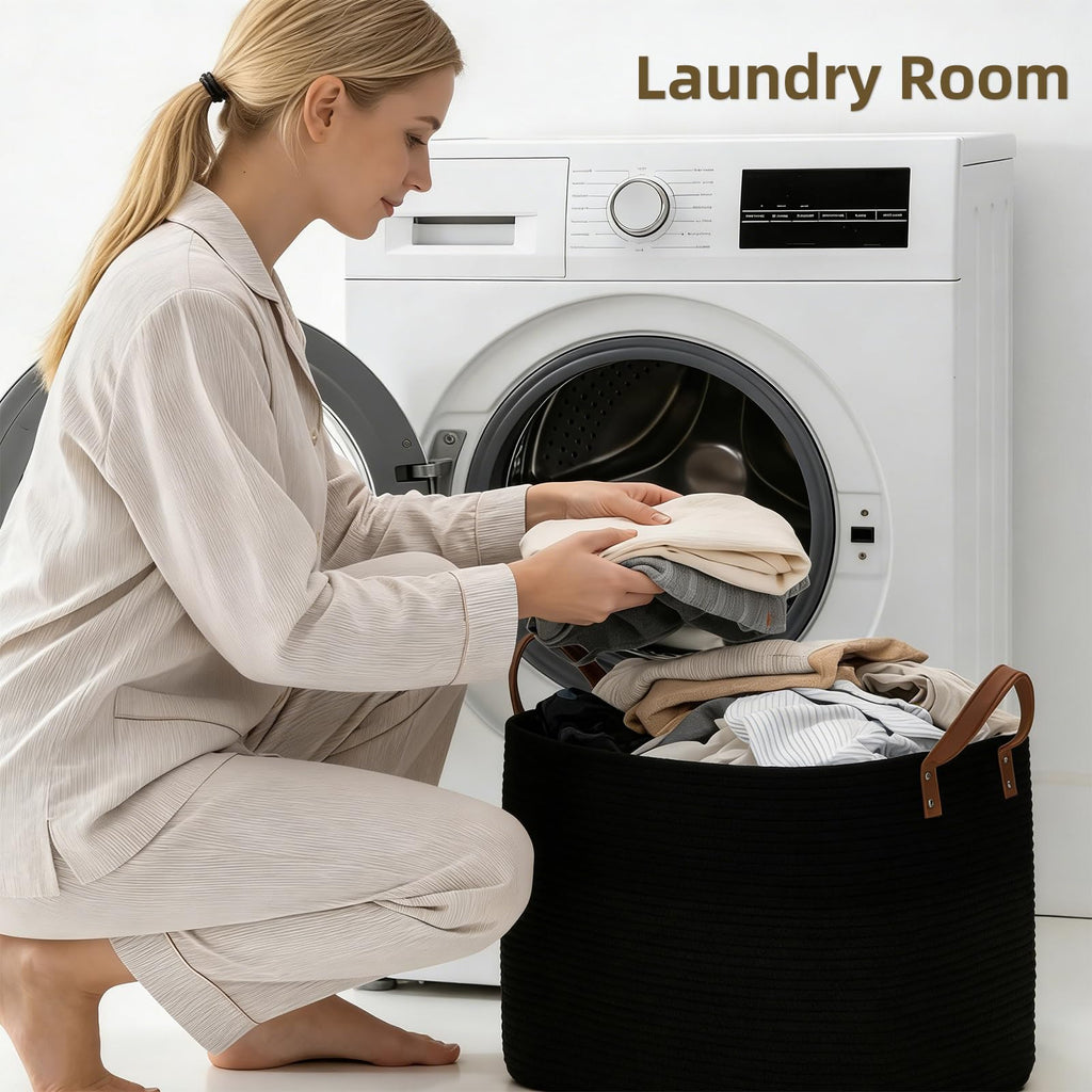 89L Extra Laundry Basket with Leather Handles, Woven Cotton Rope Blanket Basket, Toy Bin for Baby Room, Laundry Hampers