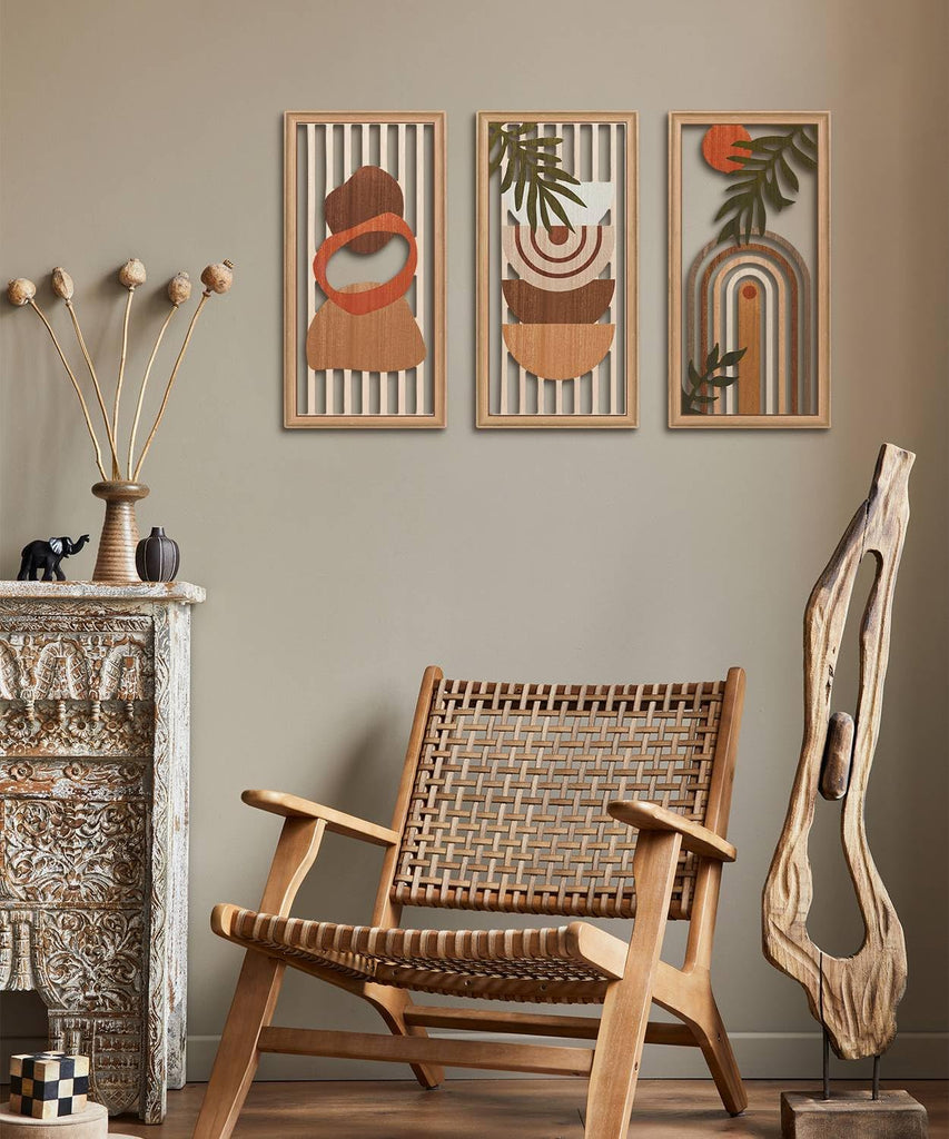 Boho Wall Art Set of 3, Modern Minimalist Wooden Wall Decor, Abstract Aesthetic Room Decorations, Mid-Century Modern